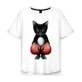 Мужская футболка хлопок Oversize с принтом Котёнок боксёр в Санкт-Петербурге, 100% хлопок | свободный крой, круглый ворот, “спинка” длиннее передней части | Тематика изображения на принте: боец | бокс | боксёр | кот | котёнок | кошак | кошка | кулак | спорт | шорты