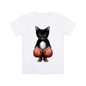 Детская футболка хлопок с принтом Котёнок боксёр в Санкт-Петербурге, 100% хлопок | круглый вырез горловины, полуприлегающий силуэт, длина до линии бедер | Тематика изображения на принте: боец | бокс | боксёр | кот | котёнок | кошак | кошка | кулак | спорт | шорты