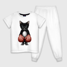 Детская пижама хлопок с принтом Котёнок боксёр в Санкт-Петербурге, 100% хлопок |  брюки и футболка прямого кроя, без карманов, на брюках мягкая резинка на поясе и по низу штанин
 | Тематика изображения на принте: боец | бокс | боксёр | кот | котёнок | кошак | кошка | кулак | спорт | шорты