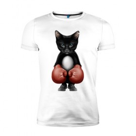 Мужская футболка премиум с принтом Котёнок боксёр в Санкт-Петербурге, 92% хлопок, 8% лайкра | приталенный силуэт, круглый вырез ворота, длина до линии бедра, короткий рукав | боец | бокс | боксёр | кот | котёнок | кошак | кошка | кулак | спорт | шорты