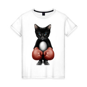 Женская футболка хлопок с принтом Котёнок боксёр в Санкт-Петербурге, 100% хлопок | прямой крой, круглый вырез горловины, длина до линии бедер, слегка спущенное плечо | боец | бокс | боксёр | кот | котёнок | кошак | кошка | кулак | спорт | шорты
