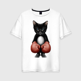 Женская футболка хлопок Oversize с принтом Котёнок боксёр в Санкт-Петербурге, 100% хлопок | свободный крой, круглый ворот, спущенный рукав, длина до линии бедер
 | боец | бокс | боксёр | кот | котёнок | кошак | кошка | кулак | спорт | шорты