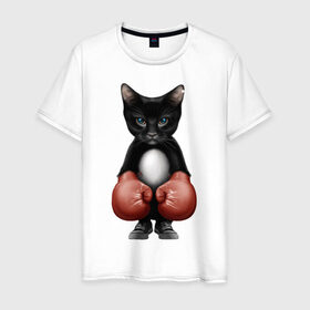 Мужская футболка хлопок с принтом Котёнок боксёр в Санкт-Петербурге, 100% хлопок | прямой крой, круглый вырез горловины, длина до линии бедер, слегка спущенное плечо. | Тематика изображения на принте: боец | бокс | боксёр | кот | котёнок | кошак | кошка | кулак | спорт | шорты