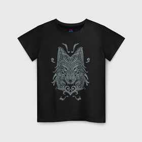 Детская футболка хлопок с принтом Узорный волк в Санкт-Петербурге, 100% хлопок | круглый вырез горловины, полуприлегающий силуэт, длина до линии бедер | Тематика изображения на принте: волк | голова | животное | завитки | зверь | кружево | узорный волк | узоры | хищник