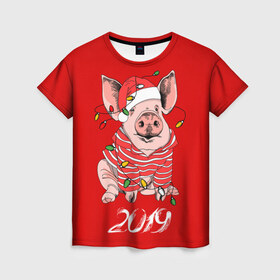 Женская футболка 3D с принтом Полосатый поросенок в Санкт-Петербурге, 100% полиэфир ( синтетическое хлопкоподобное полотно) | прямой крой, круглый вырез горловины, длина до линии бедер | 2019 | боров | гирлянда | год | голова | дед мороз | домашнее | елочная | животное | клаус | костюм | красная | мода | новый год | подарок | поздравление | полосатый | поросенок | праздник | профиль