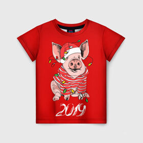 Детская футболка 3D с принтом Полосатый поросенок в Санкт-Петербурге, 100% гипоаллергенный полиэфир | прямой крой, круглый вырез горловины, длина до линии бедер, чуть спущенное плечо, ткань немного тянется | Тематика изображения на принте: 2019 | боров | гирлянда | год | голова | дед мороз | домашнее | елочная | животное | клаус | костюм | красная | мода | новый год | подарок | поздравление | полосатый | поросенок | праздник | профиль