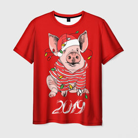 Мужская футболка 3D с принтом Полосатый поросенок в Санкт-Петербурге, 100% полиэфир | прямой крой, круглый вырез горловины, длина до линии бедер | 2019 | боров | гирлянда | год | голова | дед мороз | домашнее | елочная | животное | клаус | костюм | красная | мода | новый год | подарок | поздравление | полосатый | поросенок | праздник | профиль