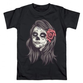 Мужская футболка хлопок с принтом Mexican girl в Санкт-Петербурге, 100% хлопок | прямой крой, круглый вырез горловины, длина до линии бедер, слегка спущенное плечо. | девушка | зомби | мексика | паутина | роза | тату | хэллоуин | череп