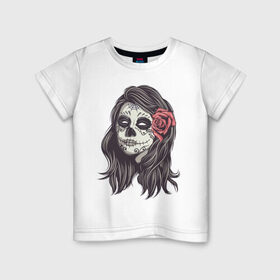 Детская футболка хлопок с принтом Mexican girl в Санкт-Петербурге, 100% хлопок | круглый вырез горловины, полуприлегающий силуэт, длина до линии бедер | девушка | зомби | мексика | паутина | роза | тату | хэллоуин | череп