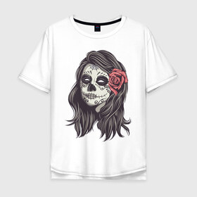 Мужская футболка хлопок Oversize с принтом Mexican girl в Санкт-Петербурге, 100% хлопок | свободный крой, круглый ворот, “спинка” длиннее передней части | девушка | зомби | мексика | паутина | роза | тату | хэллоуин | череп