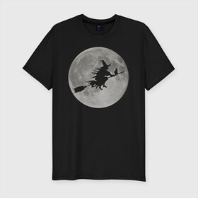 Мужская футболка премиум с принтом На фоне луны в Санкт-Петербурге, 92% хлопок, 8% лайкра | приталенный силуэт, круглый вырез ворота, длина до линии бедра, короткий рукав | ведьма. метла. кот | луна | ночь | праздник | ужас | хэллоуин