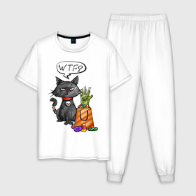 Мужская пижама хлопок с принтом Кот хэллоуин в Санкт-Петербурге, 100% хлопок | брюки и футболка прямого кроя, без карманов, на брюках мягкая резинка на поясе и по низу штанин
 | зомби | кот | подарки | подарок | рука | хэллоуин
