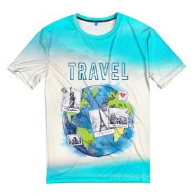 Мужская футболка 3D с принтом Путешествуй! в Санкт-Петербурге, 100% полиэфир | прямой крой, круглый вырез горловины, длина до линии бедер | travel | башня | глобус | город | море | париж | пляж | путешествия | страна