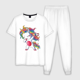 Мужская пижама хлопок с принтом Dabbing Unicorn в Санкт-Петербурге, 100% хлопок | брюки и футболка прямого кроя, без карманов, на брюках мягкая резинка на поясе и по низу штанин
 | Тематика изображения на принте: dab | dab единорог | dabbing unicorn | unicorn | единорог радуга | краски | прикольные картинки | радуга | радужные краски | радужный единорог