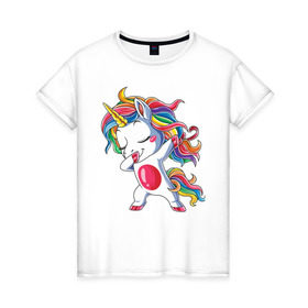 Женская футболка хлопок с принтом Dabbing Unicorn в Санкт-Петербурге, 100% хлопок | прямой крой, круглый вырез горловины, длина до линии бедер, слегка спущенное плечо | dab | dab единорог | dabbing unicorn | unicorn | единорог радуга | краски | прикольные картинки | радуга | радужные краски | радужный единорог