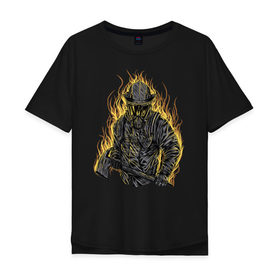 Мужская футболка хлопок Oversize с принтом Пожарный в Санкт-Петербурге, 100% хлопок | свободный крой, круглый ворот, “спинка” длиннее передней части | искры | маска | мужик | мчс | огонь | охрана | пламя | пожар | пожарные | спасатели | топор | шлем