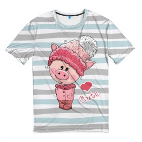 Мужская футболка 3D с принтом Милая свинка в Санкт-Петербурге, 100% полиэфир | прямой крой, круглый вырез горловины, длина до линии бедер | 2019 | боров | взгляд | год | домашнее | животное | костюм | красная | милая | мода | новый год | пальто | подарок | поздравление | поросенок | праздник | рисунок | рождество | румянец | с новым годом