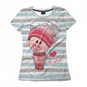 Женская футболка 3D с принтом Милая свинка в Санкт-Петербурге, 100% полиэфир ( синтетическое хлопкоподобное полотно) | прямой крой, круглый вырез горловины, длина до линии бедер | 2019 | боров | взгляд | год | домашнее | животное | костюм | красная | милая | мода | новый год | пальто | подарок | поздравление | поросенок | праздник | рисунок | рождество | румянец | с новым годом