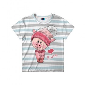Детская футболка 3D с принтом Милая свинка в Санкт-Петербурге, 100% гипоаллергенный полиэфир | прямой крой, круглый вырез горловины, длина до линии бедер, чуть спущенное плечо, ткань немного тянется | 2019 | боров | взгляд | год | домашнее | животное | костюм | красная | милая | мода | новый год | пальто | подарок | поздравление | поросенок | праздник | рисунок | рождество | румянец | с новым годом