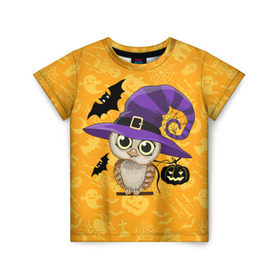 Детская футболка 3D с принтом Совушка и хэллоуин в Санкт-Петербурге, 100% гипоаллергенный полиэфир | прямой крой, круглый вырез горловины, длина до линии бедер, чуть спущенное плечо, ткань немного тянется | halloween | летучая мышь | подарок на хэллоуин | прикольная сова | сова | сова и хэллоуин | совушка | тыква | тыква на хэллоуин | хэллоуин