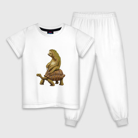 Детская пижама хлопок с принтом Speed is Relative в Санкт-Петербурге, 100% хлопок |  брюки и футболка прямого кроя, без карманов, на брюках мягкая резинка на поясе и по низу штанин
 | Тематика изображения на принте: ленивец | лень | медленно | медлительный | тормоз | черепаха