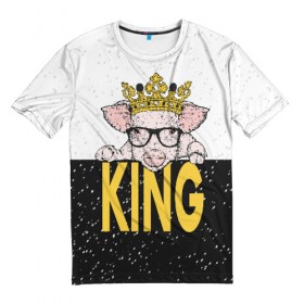 Мужская футболка 3D с принтом King в Санкт-Петербурге, 100% полиэфир | прямой крой, круглый вырез горловины, длина до линии бедер | 2019 | боров | ве | взгляд | власть | год | домашнее | животное | золотая | король | корона | круто | лучший | мода | молодёжная | монарх | новый год | подарок | поздравление | поросенок | праздник | рисунок