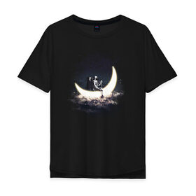 Мужская футболка хлопок Oversize с принтом Лунная лодка в Санкт-Петербурге, 100% хлопок | свободный крой, круглый ворот, “спинка” длиннее передней части | Тематика изображения на принте: астронавт | вода | галактика | звезды | космонавт | космос | лодка | луна | месяц | млечный путь | облака | озера | река | скафандр | тучи