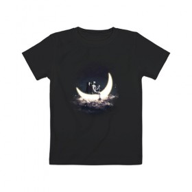 Детская футболка хлопок с принтом Лунная лодка в Санкт-Петербурге, 100% хлопок | круглый вырез горловины, полуприлегающий силуэт, длина до линии бедер | астронавт | вода | галактика | звезды | космонавт | космос | лодка | луна | месяц | млечный путь | облака | озера | река | скафандр | тучи