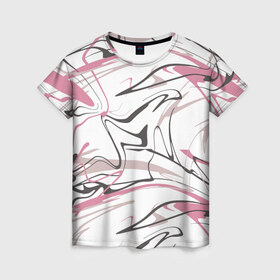 Женская футболка 3D с принтом Хаотичные линии в Санкт-Петербурге, 100% полиэфир ( синтетическое хлопкоподобное полотно) | прямой крой, круглый вырез горловины, длина до линии бедер | Тематика изображения на принте: абстракция | розовый | цвет | черный