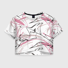 Женская футболка Cropp-top с принтом Хаотичные линии в Санкт-Петербурге, 100% полиэстер | круглая горловина, длина футболки до линии талии, рукава с отворотами | Тематика изображения на принте: абстракция | розовый | цвет | черный