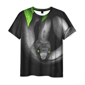 Мужская футболка 3D с принтом Змея в Санкт-Петербурге, 100% полиэфир | прямой крой, круглый вырез горловины, длина до линии бедер | гадюка | животные | змея | листья | природа | удав | черно белое | черное и белое