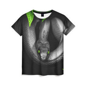 Женская футболка 3D с принтом Змея в Санкт-Петербурге, 100% полиэфир ( синтетическое хлопкоподобное полотно) | прямой крой, круглый вырез горловины, длина до линии бедер | гадюка | животные | змея | листья | природа | удав | черно белое | черное и белое
