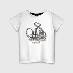 Детская футболка хлопок с принтом Кракен в Санкт-Петербурге, 100% хлопок | круглый вырез горловины, полуприлегающий силуэт, длина до линии бедер | корабль | кракен | монстр | море | осьминог