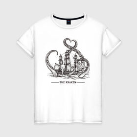 Женская футболка хлопок с принтом Кракен в Санкт-Петербурге, 100% хлопок | прямой крой, круглый вырез горловины, длина до линии бедер, слегка спущенное плечо | корабль | кракен | монстр | море | осьминог
