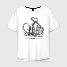Мужская футболка хлопок Oversize с принтом Кракен в Санкт-Петербурге, 100% хлопок | свободный крой, круглый ворот, “спинка” длиннее передней части | корабль | кракен | монстр | море | осьминог