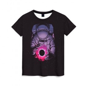 Женская футболка 3D с принтом Карманная вселенная в Санкт-Петербурге, 100% полиэфир ( синтетическое хлопкоподобное полотно) | прямой крой, круглый вырез горловины, длина до линии бедер | Тематика изображения на принте: астронавт | вселенная | галактика | звезда | космонавт | космос | свет | скафандр | солнце | стекло | тени | черная дыра