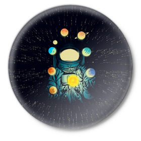 Значок с принтом Космический жонглер в Санкт-Петербурге,  металл | круглая форма, металлическая застежка в виде булавки | астронавт | венера | вселенная | галактика | звезда | земля | космонавт | космос | марс | меркурий | планеты | сатурн | свет | скафандр | солнце | стекло | тени | уран | юпитер