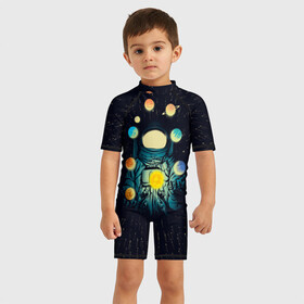 Детский купальный костюм 3D с принтом Космический жонглер в Санкт-Петербурге, Полиэстер 85%, Спандекс 15% | застежка на молнии на спине | астронавт | венера | вселенная | галактика | звезда | земля | космонавт | космос | марс | меркурий | планеты | сатурн | свет | скафандр | солнце | стекло | тени | уран | юпитер
