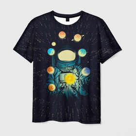 Мужская футболка 3D с принтом Космический жонглер в Санкт-Петербурге, 100% полиэфир | прямой крой, круглый вырез горловины, длина до линии бедер | астронавт | венера | вселенная | галактика | звезда | земля | космонавт | космос | марс | меркурий | планеты | сатурн | свет | скафандр | солнце | стекло | тени | уран | юпитер