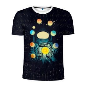 Мужская футболка 3D спортивная с принтом Космический жонглер в Санкт-Петербурге, 100% полиэстер с улучшенными характеристиками | приталенный силуэт, круглая горловина, широкие плечи, сужается к линии бедра | Тематика изображения на принте: астронавт | венера | вселенная | галактика | звезда | земля | космонавт | космос | марс | меркурий | планеты | сатурн | свет | скафандр | солнце | стекло | тени | уран | юпитер