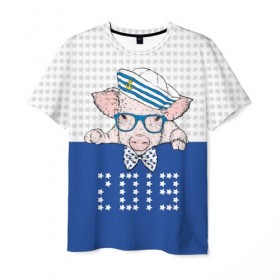 Мужская футболка 3D с принтом Морячок 2019 в Санкт-Петербурге, 100% полиэфир | прямой крой, круглый вырез горловины, длина до линии бедер | 2019 | бабочка | боров | галстук | год | голова | домашняя | животное | звезды | кабан | матрос | мороз | моряк | морячок | новый год | очки | подарок | поздравление | полосатая | поросенок | праздник