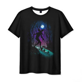 Мужская футболка 3D с принтом Очень странные дела в Санкт-Петербурге, 100% полиэфир | прямой крой, круглый вырез горловины, длина до линии бедер | stranger things | деревья | дети | лес | луна | монстр. ночь | очень странные дела | очертания | свет | сериалы | силуэты