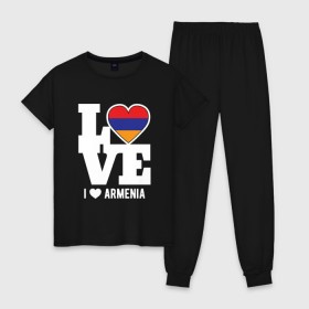 Женская пижама хлопок с принтом Love Armenia в Санкт-Петербурге, 100% хлопок | брюки и футболка прямого кроя, без карманов, на брюках мягкая резинка на поясе и по низу штанин | Тематика изображения на принте: 