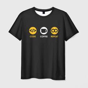 Мужская футболка 3D с принтом Code Coffee Repeat в Санкт-Петербурге, 100% полиэфир | прямой крой, круглый вырез горловины, длина до линии бедер | admin | administrator | calm | code | coder | coding | engineer | job | keep | programmer | администратор | айти | инженер | код | кодинг | программа | программист | профессия | сисадмин