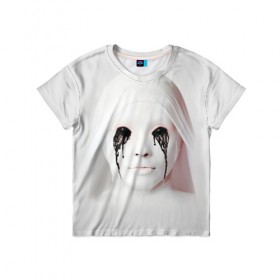 Детская футболка 3D с принтом American Horror Story в Санкт-Петербурге, 100% гипоаллергенный полиэфир | прямой крой, круглый вырез горловины, длина до линии бедер, чуть спущенное плечо, ткань немного тянется | ahs | american horror story | американская история ужасов | демон | лицо | макияж | монашка | черные глаза
