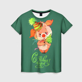 Женская футболка 3D с принтом Свинка с ёлкой в Санкт-Петербурге, 100% полиэфир ( синтетическое хлопкоподобное полотно) | прямой крой, круглый вырез горловины, длина до линии бедер | 