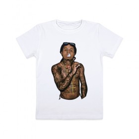 Детская футболка хлопок с принтом Lil Wayne в Санкт-Петербурге, 100% хлопок | круглый вырез горловины, полуприлегающий силуэт, длина до линии бедер | Тематика изображения на принте: hip hop | крест | музыка | наколки | очки | тёмный | хип хоп