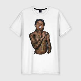 Мужская футболка хлопок Slim с принтом Lil Wayne в Санкт-Петербурге, 92% хлопок, 8% лайкра | приталенный силуэт, круглый вырез ворота, длина до линии бедра, короткий рукав | Тематика изображения на принте: hip hop | крест | музыка | наколки | очки | тёмный | хип хоп