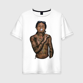 Женская футболка хлопок Oversize с принтом Lil Wayne в Санкт-Петербурге, 100% хлопок | свободный крой, круглый ворот, спущенный рукав, длина до линии бедер
 | Тематика изображения на принте: hip hop | крест | музыка | наколки | очки | тёмный | хип хоп