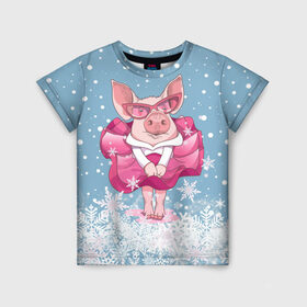Детская футболка 3D с принтом Свинка в розовом в Санкт-Петербурге, 100% гипоаллергенный полиэфир | прямой крой, круглый вырез горловины, длина до линии бедер, чуть спущенное плечо, ткань немного тянется | 2019 | год свиньи | милая свинка | новогодний подарок | новый год | новый год 2019 | подарок на новый год | прикольная свинка | свинка в розовом | свинья | символ 2019 года | снег | снежинки